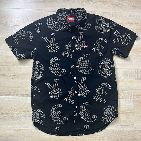 YMCMB Men's Currency Woven Button Up Short Sleeve Shirt-Black-Large - Picture 1 of 11